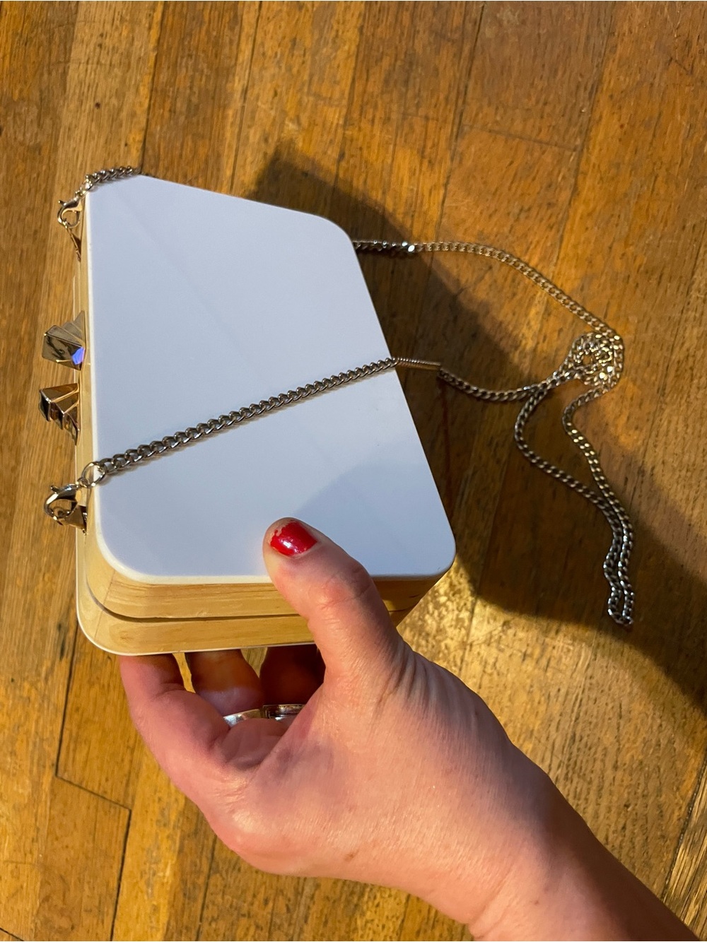 MANGO White and Natural Wood Crossbody Clutch with Silver Chain